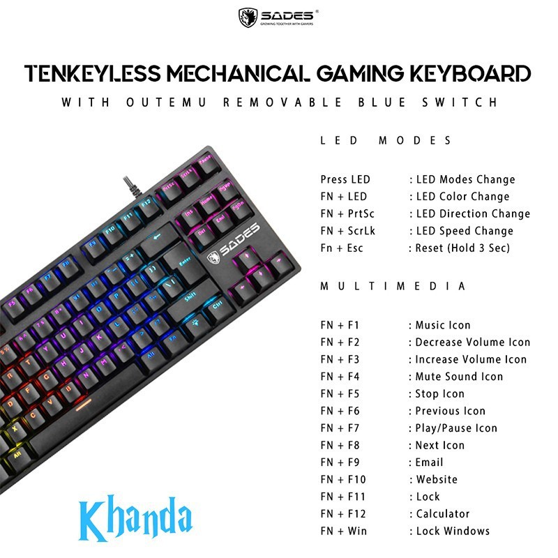 Keyboard Gaming Mechanical TKL Sades Khanda / Removable Switch