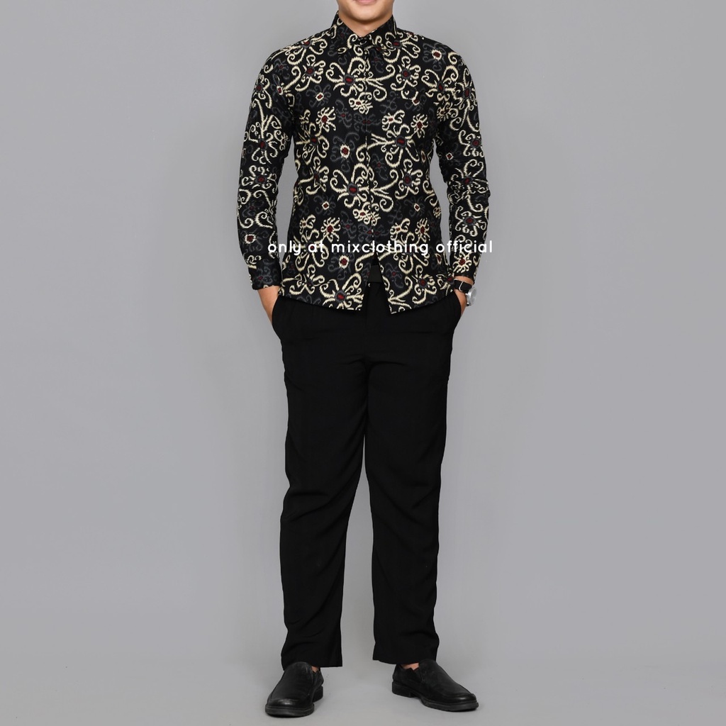 New Premium Baju Kemeja Batik Pria Reguler Fit Lengan Panjang Hitam Songket Bunga