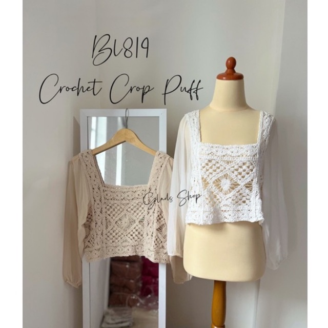 BL819 • Crochet Crop puff Blouse Rajut • Knit Top Korean Style