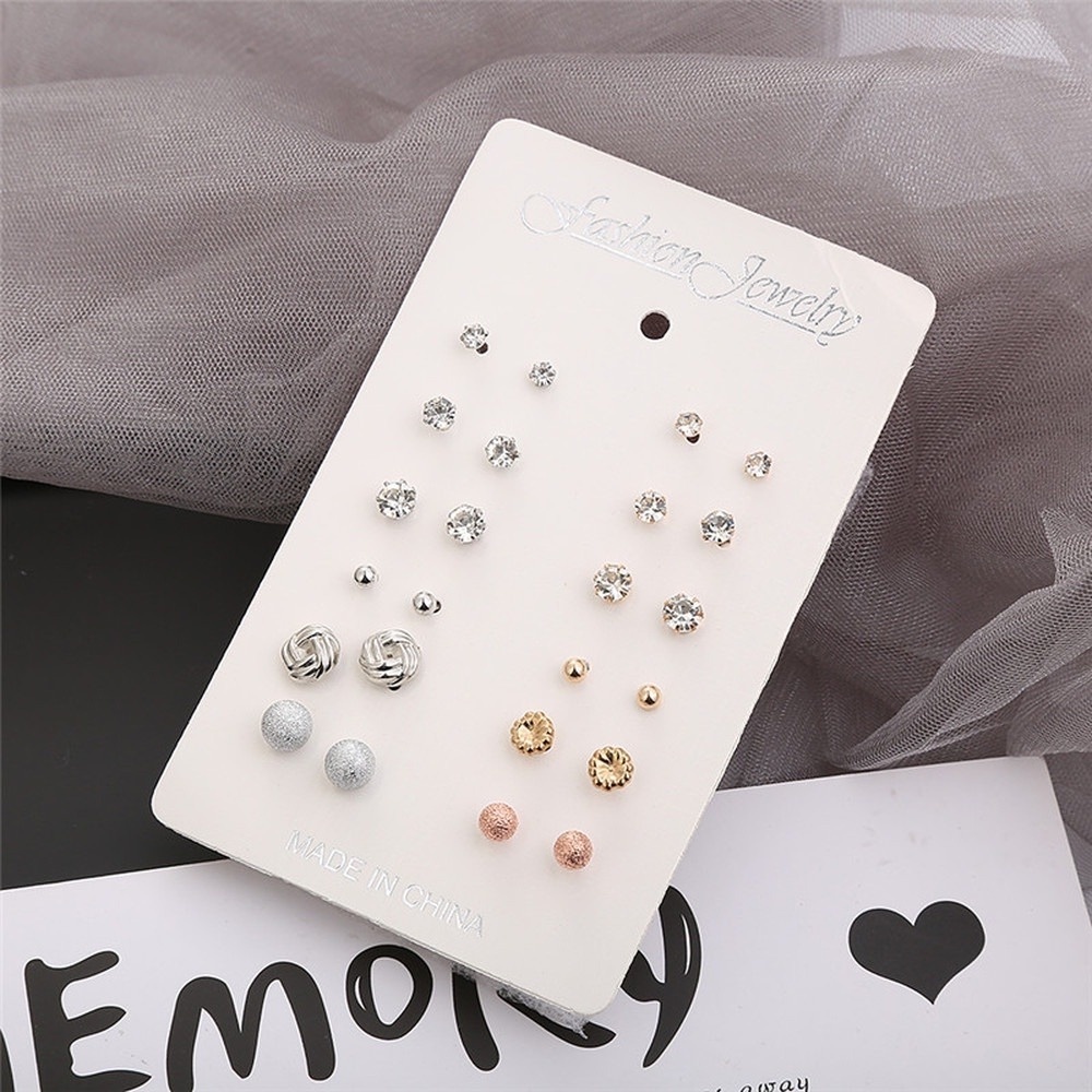 12 Pasang / Set Anting Tusuk Desain Bola Mutiara Berlian Kecil Warna Emas / Silver Untuk Wanita