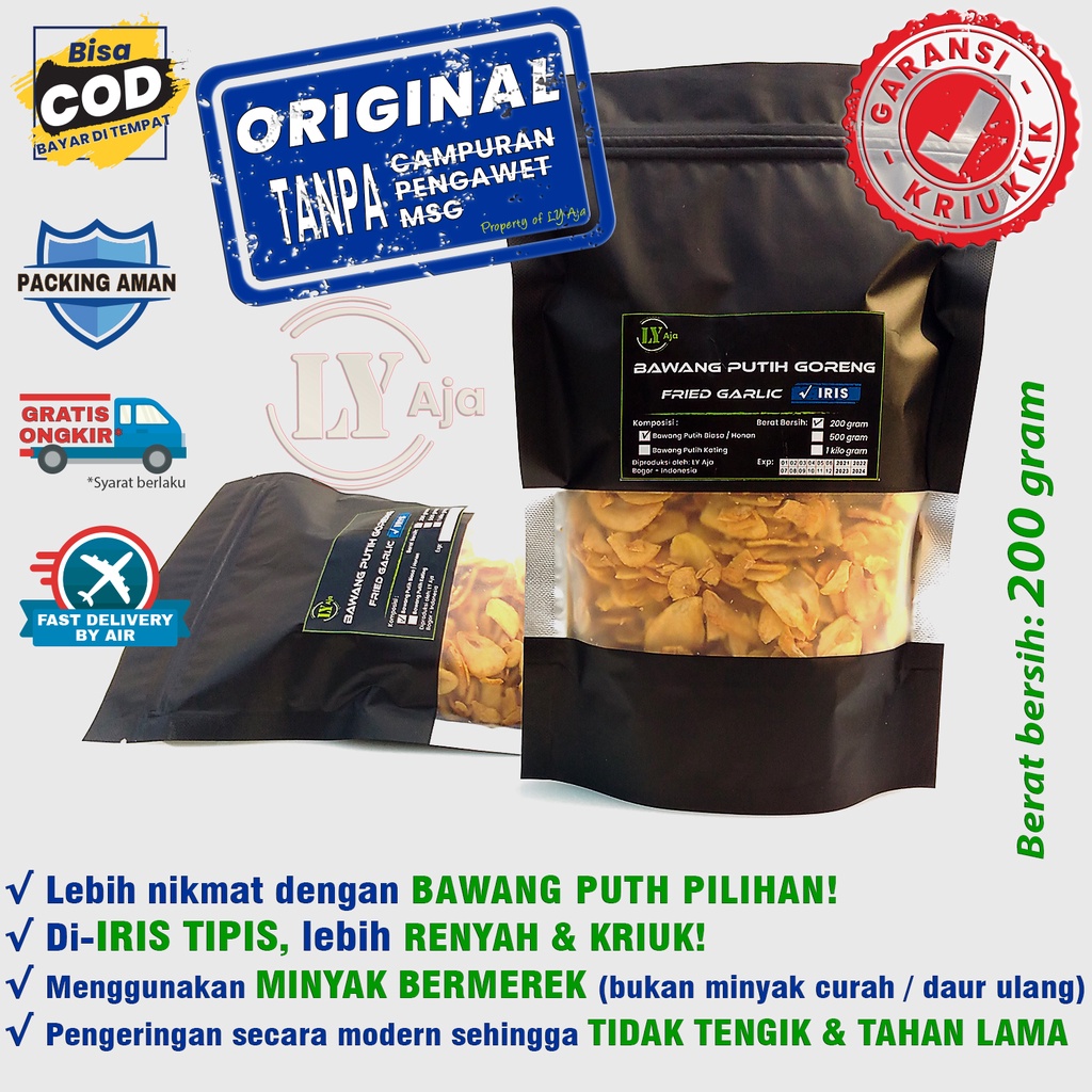 Bawang Putih Goreng Iris 200 Gram Asli Grade A Premium LY Aja Murni Honan Kating Tanpa Tepung 200 Gr