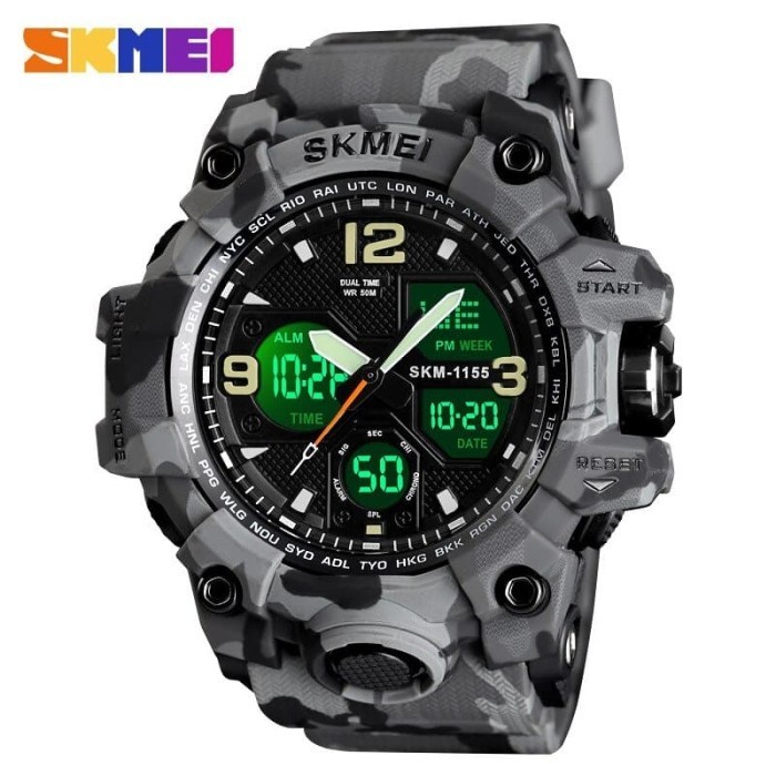 Jam Tangan Pria Sport Dual Time Original SKMEI 1155 Anti Air Grey Camo