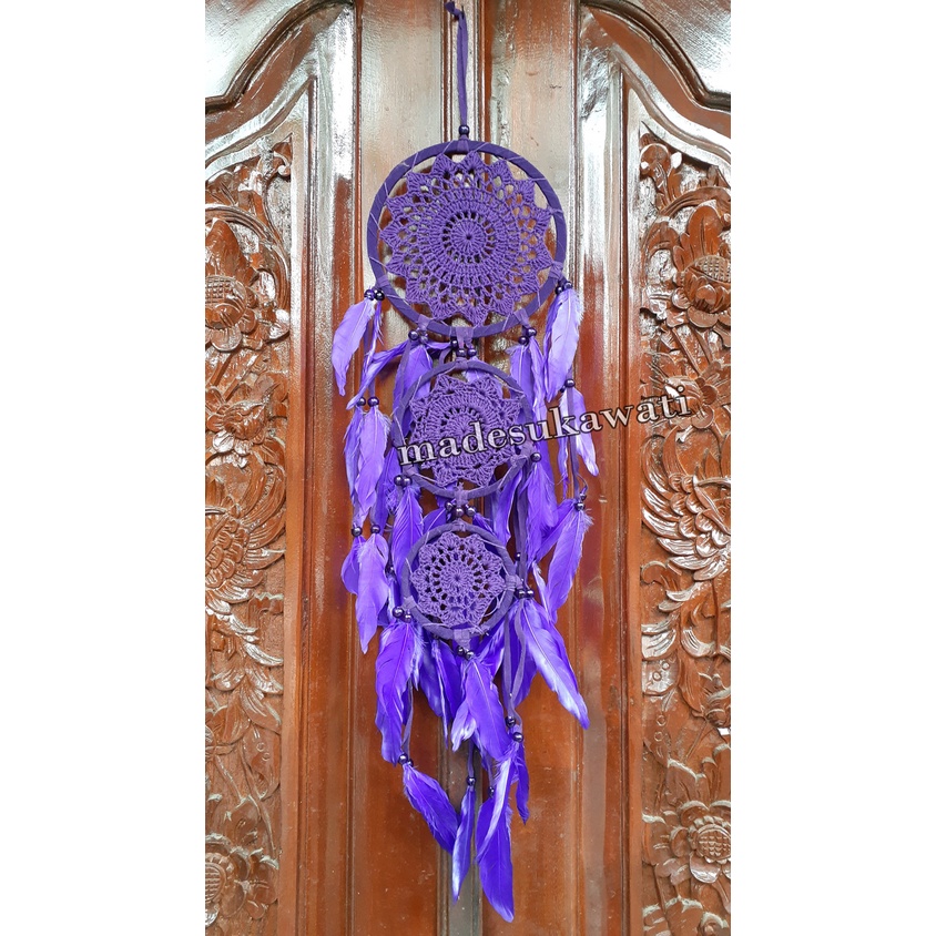 Dream catcher tingkat 3 sulam jaring benang panjang 68cm dekorasi hiasan rumah bulu ayam