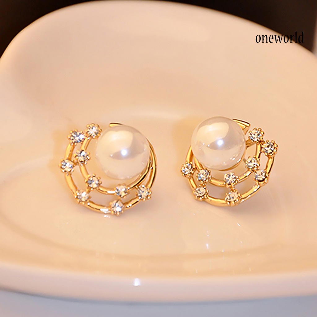 OW@ Fashion Women Rhinestone Faux Pearl Hollow Ear Stud Earrings Jewelry