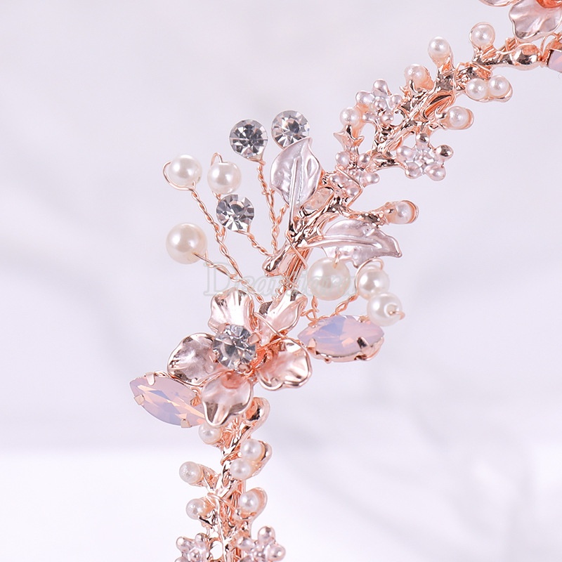 Bando Tiara Handmade Desain Bunga Rose Gold Hias Kristal Mutiara Untuk Pengantin Wanita