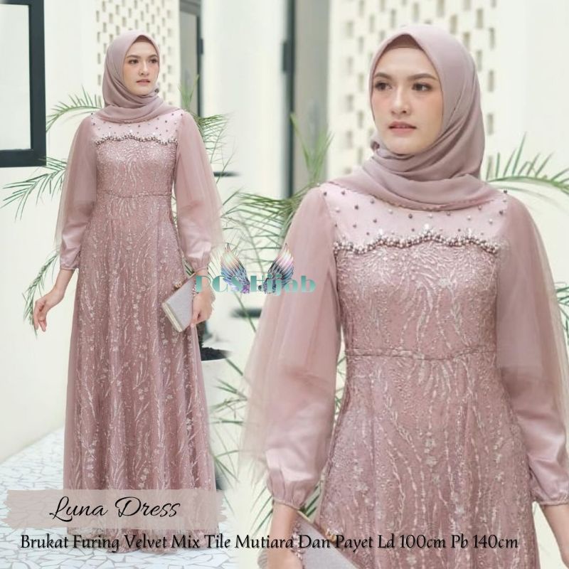 Luna Dress Brukat Tile Apply Mutiara Gamis Shelomita Brukat Gamis Kondangan Gamis Brukat Remaja Muslimah Cantik Outfit Kondangan Gaun Pesta Mewah Dress Bridesmaid Seragam Pernikahan Dress Party Terbaru Dress Muslimah Jumbo xxl ld 120