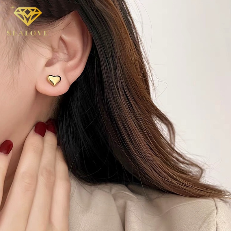 SEALOVE Anting Titanium asli hati emas 18k simple Anti Karat dan anti luntur Anting tindik Wanita Korea