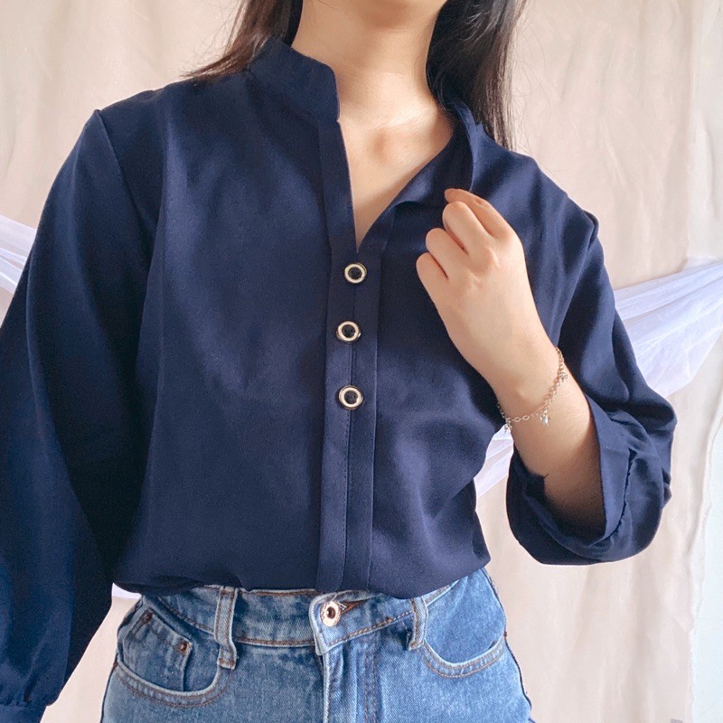 MIJOO Blouse Korea V-Neck Atasan Kantor Tangan Panjang Formal Top A16-1844