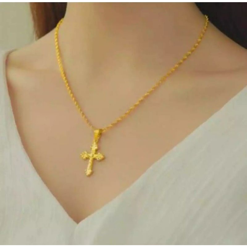 kalung free liontin salib xuping dilapisi kuning emas kadar 24k fashion wanita anti luntur dan karat