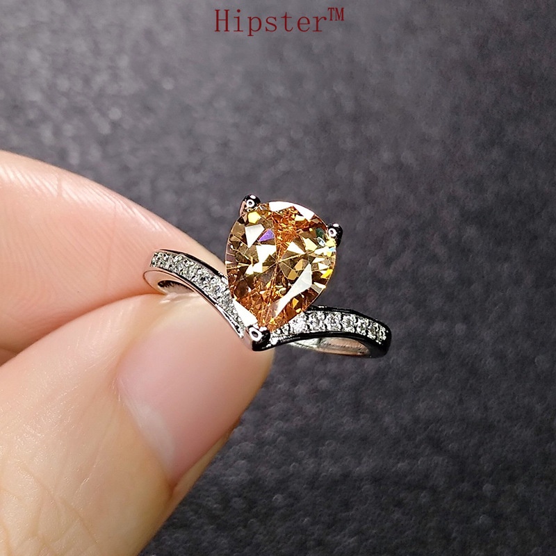 Hot Sale Fashion Trend Light Luxury Inlaid Platinum Champagne Crystal Drop-Shaped Ring