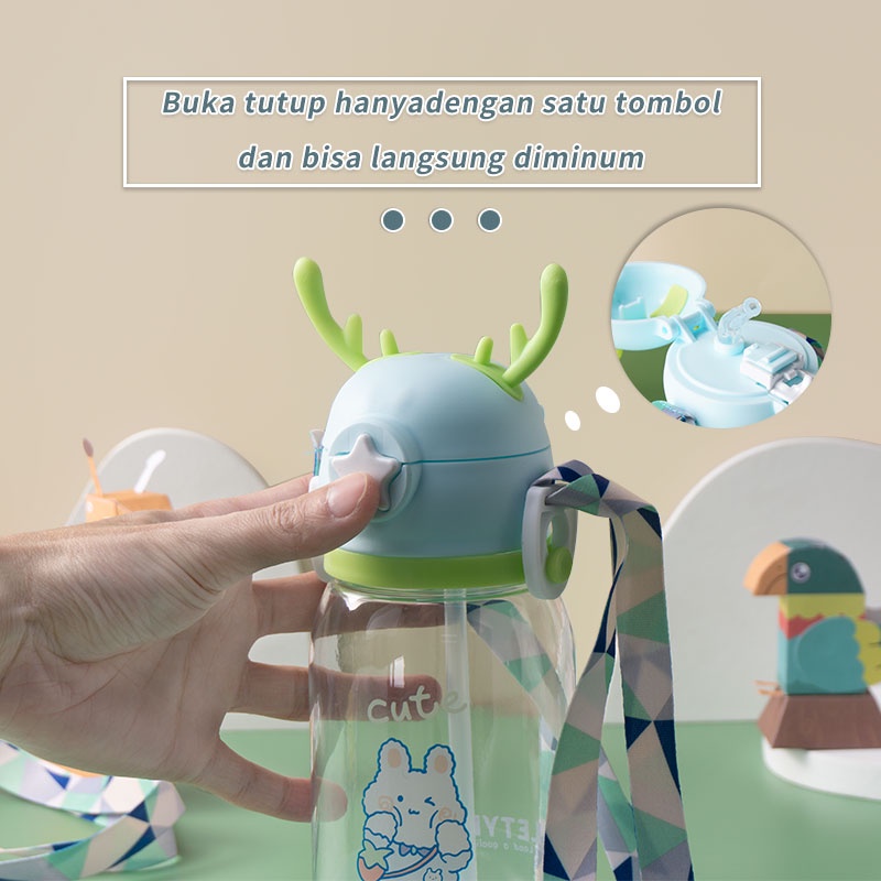 Letyeah &amp; Kaizenliving Botol minum anak 600ml bpa free / botol minum lucu sedotan dengan tali