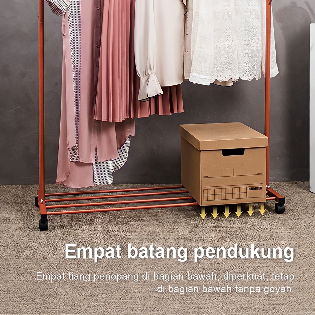 Rak Gantungan Baju Stand Hanger Single beroda Gantungan Baju Stainles Stand hanger Aestetik kuat hingga 30kg WHFURNITURE