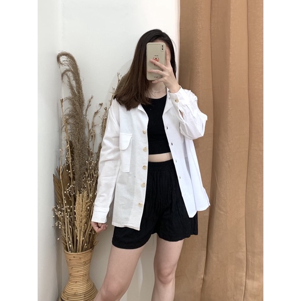 Misty Long Shirt - PLENARIO ID | Kemeja wanita - Oversize - Bahan linen - atasan wanita - shirt kemeja - COD-White