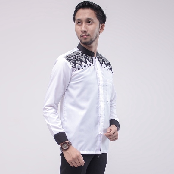 Kemeja Baju Koko Bordir Putih Busana Muslim Baju Muslimin Pria Lengan Panjang Motif Bordir Warna