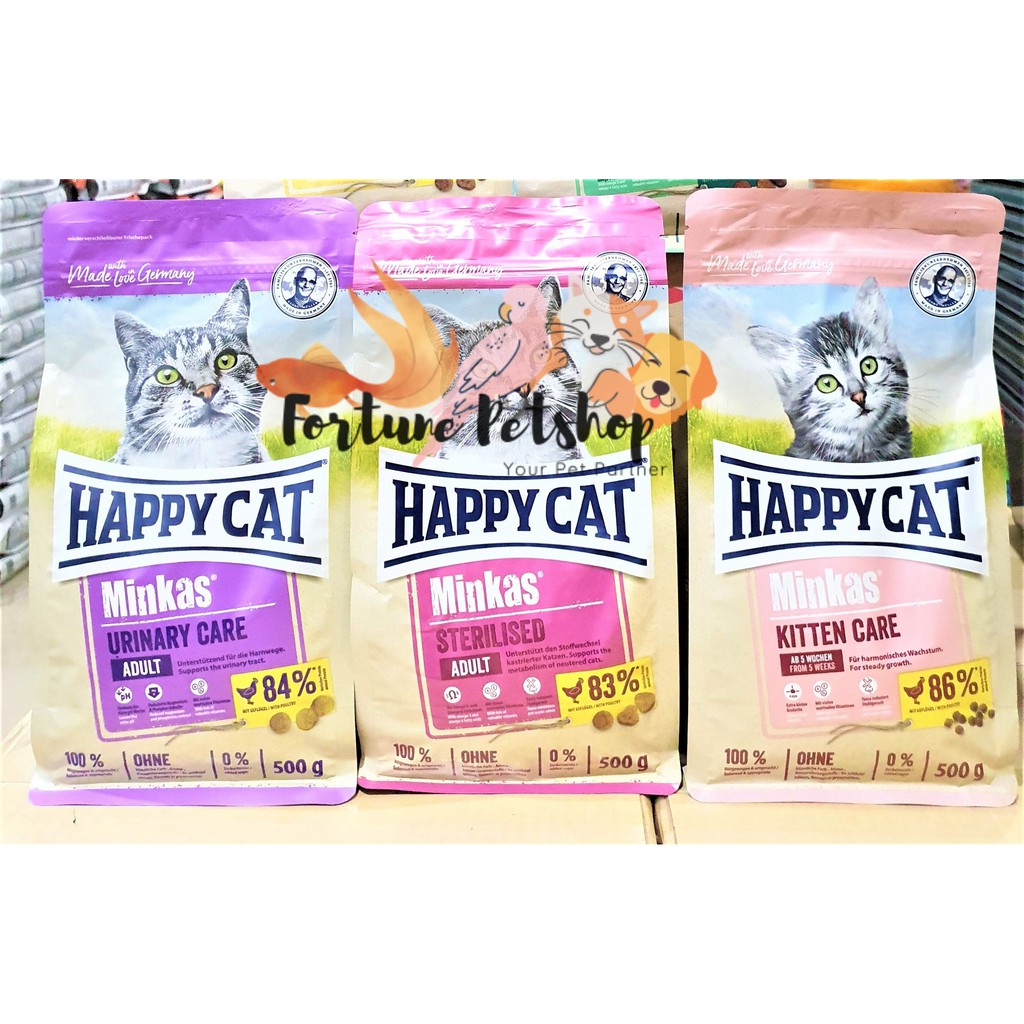 Happy Cat MINKAS URINARY CARE 500GR ; Happy Cat STERILISED ; Happy Cat KITTEN CARE 500GR. FRESHPACK