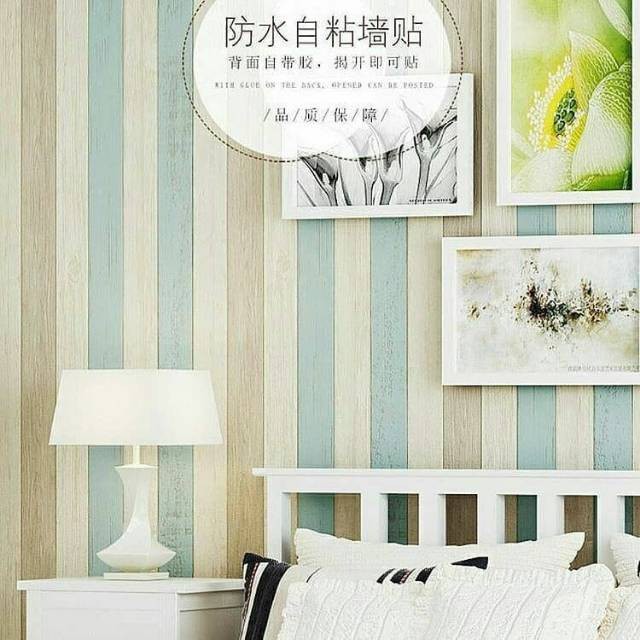 Wallpaper Sticker Dinding Kayu Garis  Biru  Krem Putih  