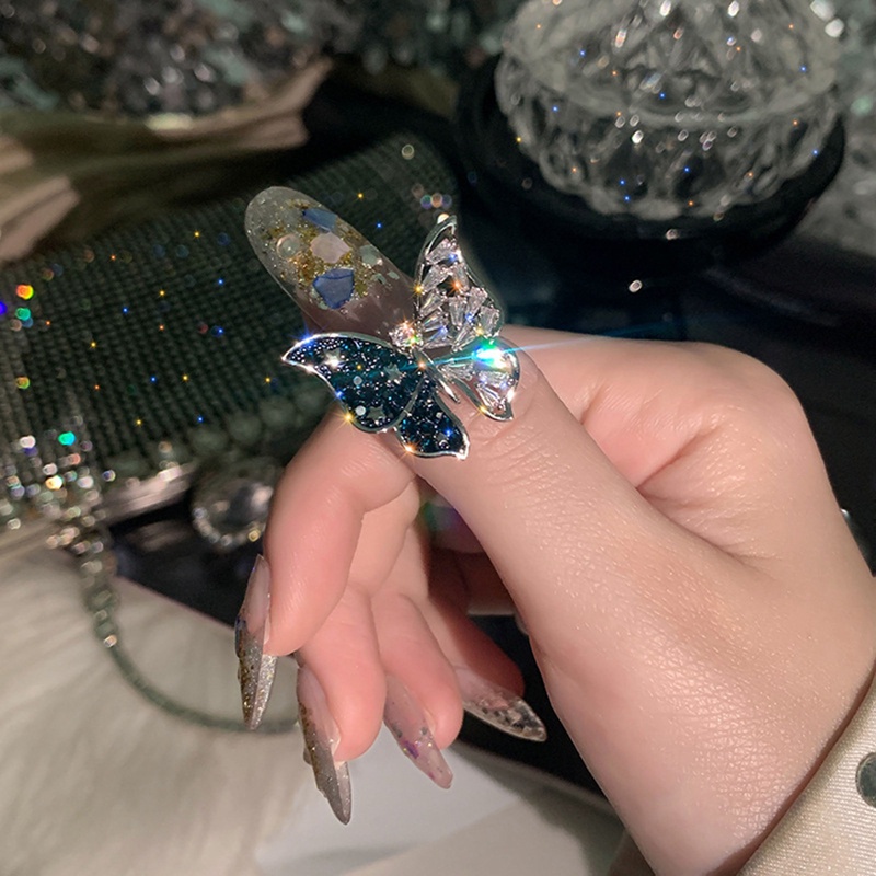 Cincin Model Terbuka Adjustable Desain Kupu-Kupu Biru Aksen Zircon Untuk Wanita