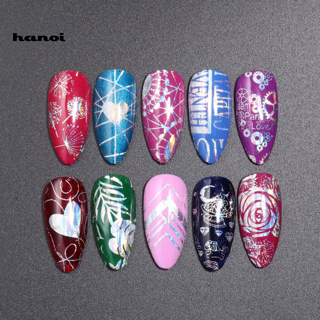 Han 10Pcs / Set Stiker Kuku Transfer Foil Motif Hati / Garis Untuk Nail Art