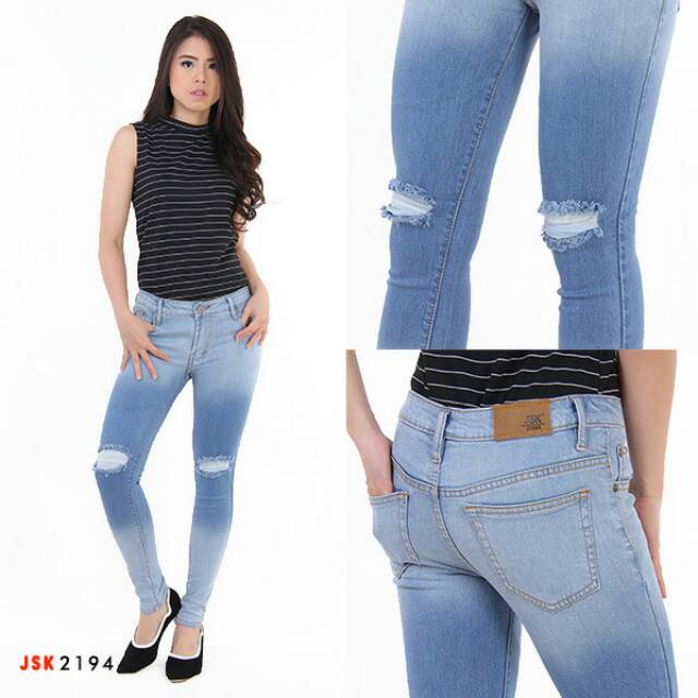  Celana Panjang Ripped Skinny Denim Jeans Wanita Cewek 