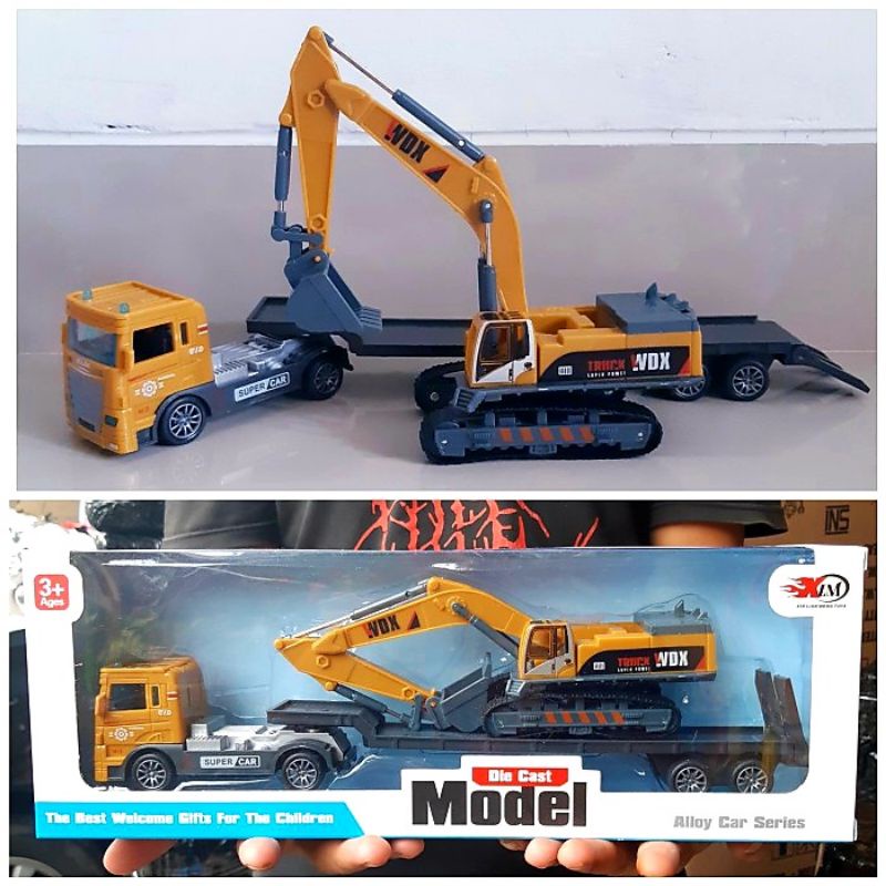 Diecast Set Truk Trailer &amp; Excavator Alloy - Mainan Miniatur Mobil Beko