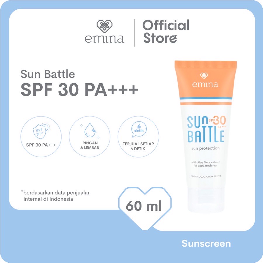 EMINA Sun Battle Sun Protection SPF 30 PA+++ Indonesia / Sunscreen Wajah 60ml 23ml / Sunblock Sunblok Tabir Surya UV UVA UVB Anti Blue Light Protector Protect Pelindung Sinar Matahari Kulit Tubuh / Gel Serum Stick Cream Lotion / Skincare Face Care Buddy