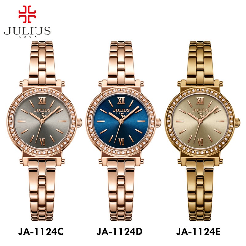 Julius JA-1124 / JA1124 ORIGINAL Jam Tangan Wanita Korea Cantik dan Elegan Rantai Kristal Rose Gold