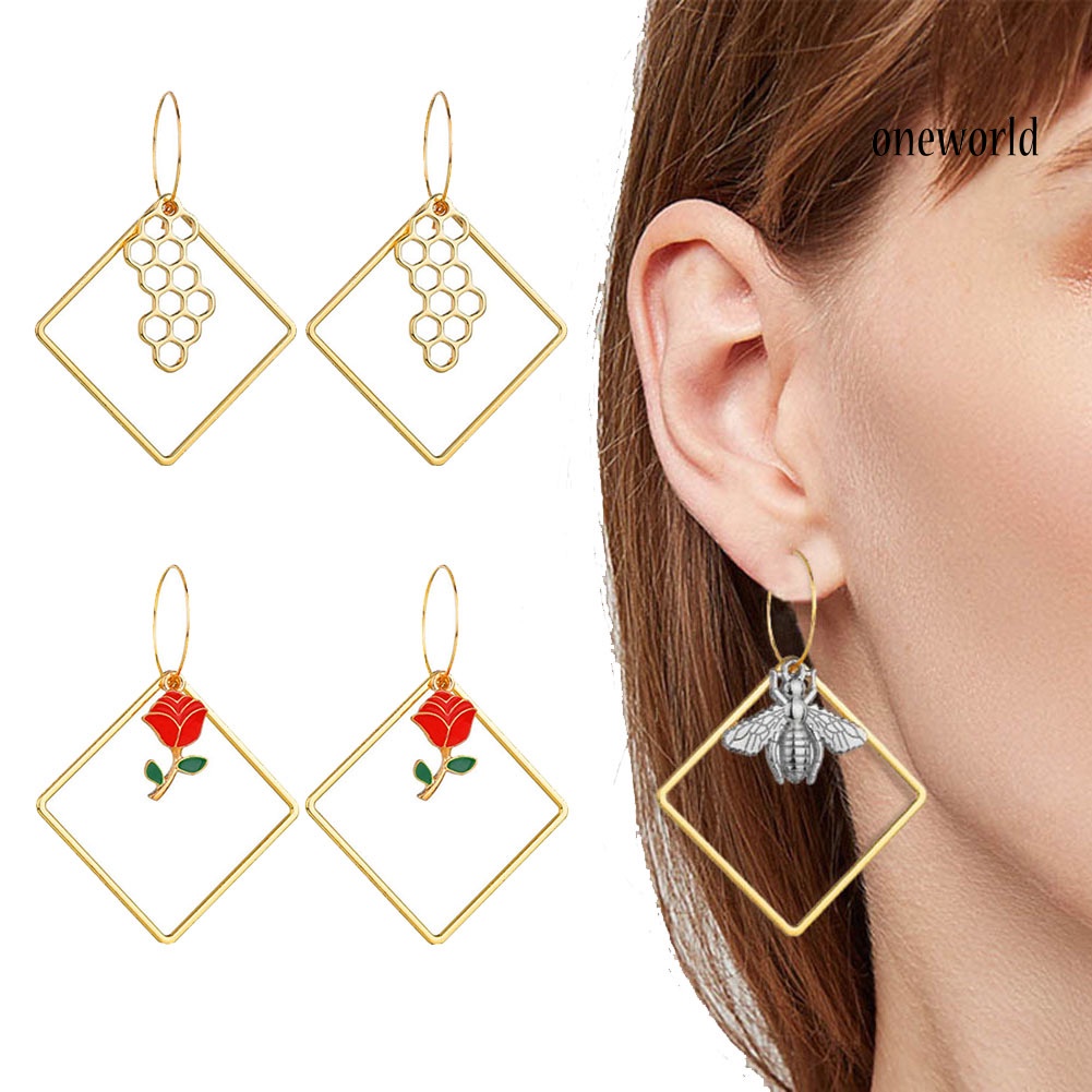 OW@ Fashion Women Hollow Square Bee Cherry Rose Long Dangle Hoop Earrings Jewelry 