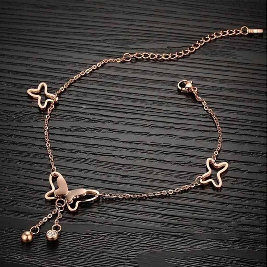 Gelang Rantai Kaki Titanium Aksen Kupu - Kupu Dengan Pesona Crystal Anklet Rumbai