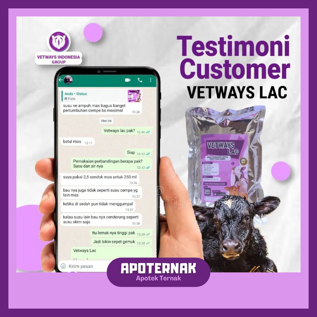 VETWAYS LAC 1 kg Anti Diare | Susu Pengganti Susu Sambung Induk Sapi Kambing Domba Anti Mencret | Susu Pedet Cempe | Master Lac Kalvolac | Apoternak