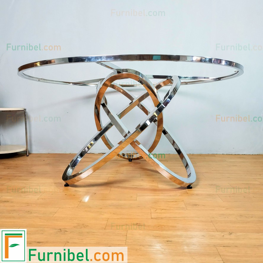 Meja Makan Top Kaca Bundar Lazy Susan Putar Kaki Oval Susun Segitiga