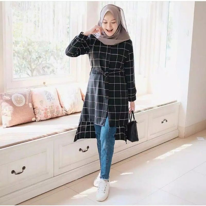 Tunik Abelia Square, Atasan Wanita, Tunik Kotak, Tunik Tali
