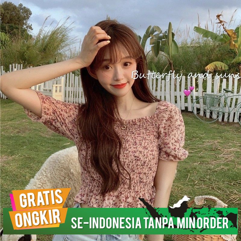 ( GRATIS ONGKIR ) BLOUSE SERUT KARET SABRINA KOREA MOTIF FLORAL BUNGA CHIFFON SIFON BKK