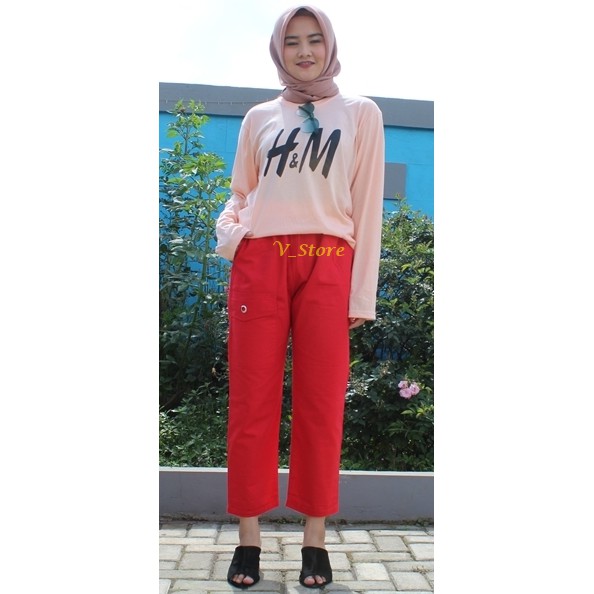 Celana Jogger Pantaloni Numia Cargo Wanita Muslimah Bawahan Wanita Muslim Celana Slit Fit Merah