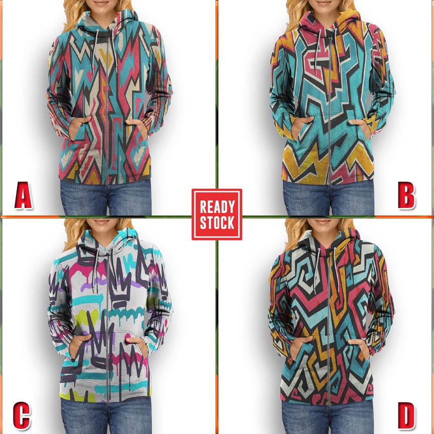 Graffiti Design New Hoodie Zipper Bahan Fullprint Polyester Jersey Casual Hoodie Wanita