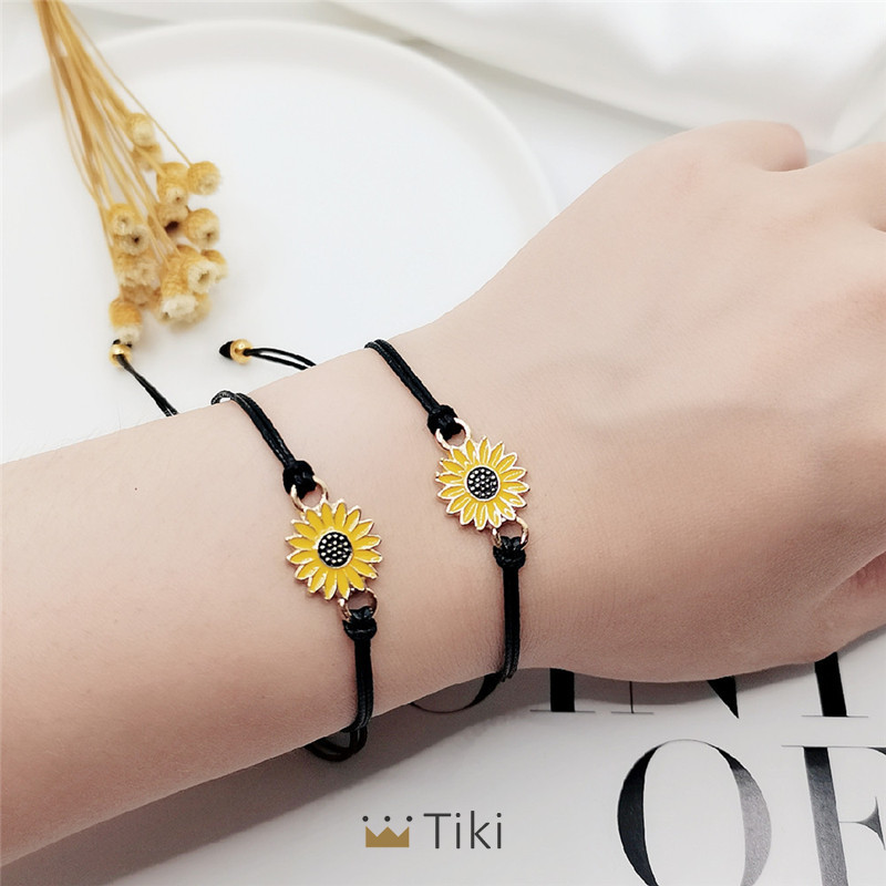 2pcs Gelang Tali Persahabatan Anyaman Krisan Bunga Matahari Fashion Wanita Korea Pria Adjustable Couple Bracelet Daisy Bracelet Hitam-3