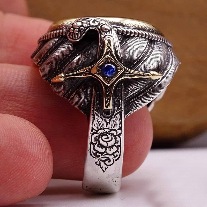 Cincin Motif Bunga Aksen Batu Permata Gaya Vintage Untuk Pria Muslim