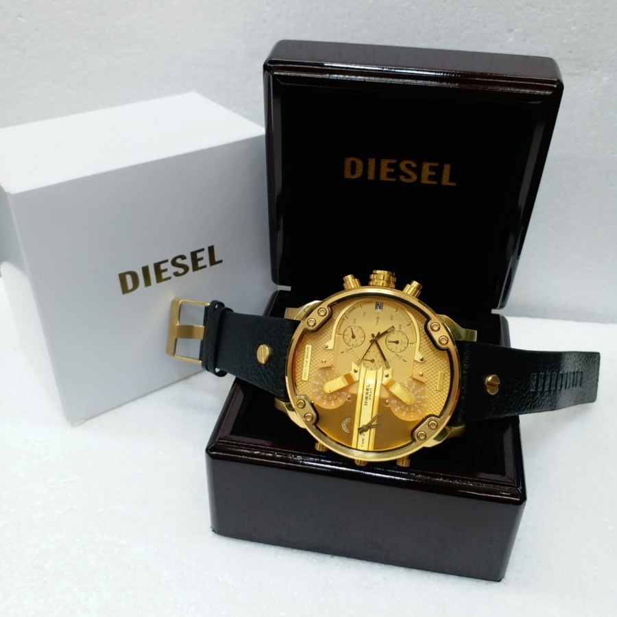 Hot Sale Jam Tangan Diesel Four Time Black Gold Leather Garansi 1th