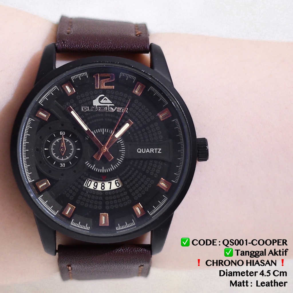 Jam tangan pria Quiksilver tali kulit leather premium tanggal aktif casual pria free baterai QS001