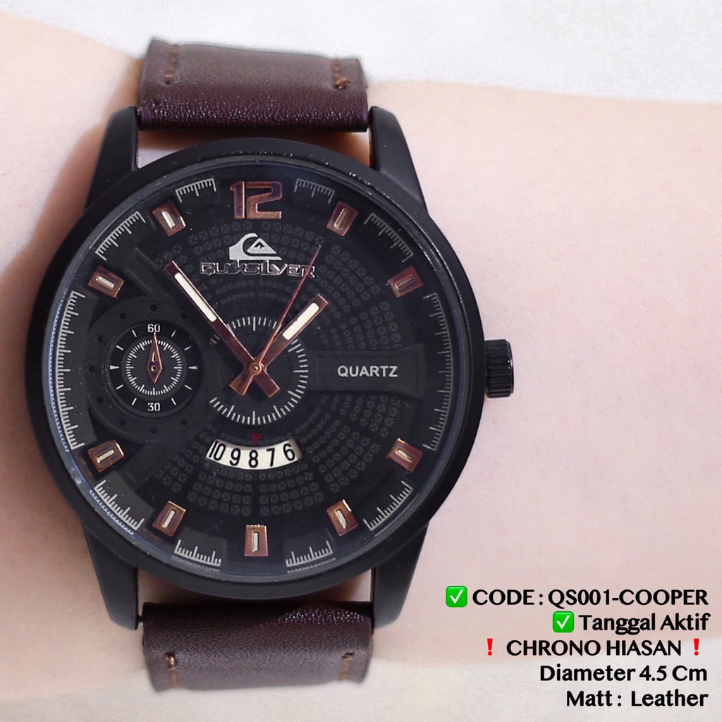 Jam tangan pria Quiksilver tali kulit leather premium tanggal aktif casual pria free baterai QS001