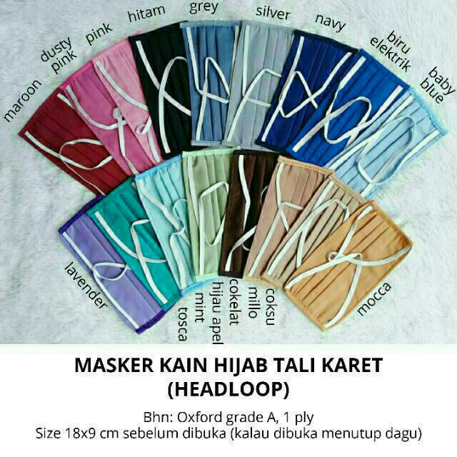 Masker Kain Hijab Tali Karet Headloop (Oxford Grade A) 1 Ply Warna Polos Adem Tebal Grosir Murah