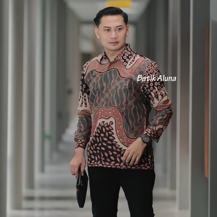 Baju batik Pria Lengan Panjang Modern Full Furing Kemeja Batik Pria Lengan Panjang Premium Solo Pake Puring Oringinal Reguler FASHION BATIK ALUNA Bahan Halus Tebal Kombinasi Kondangan