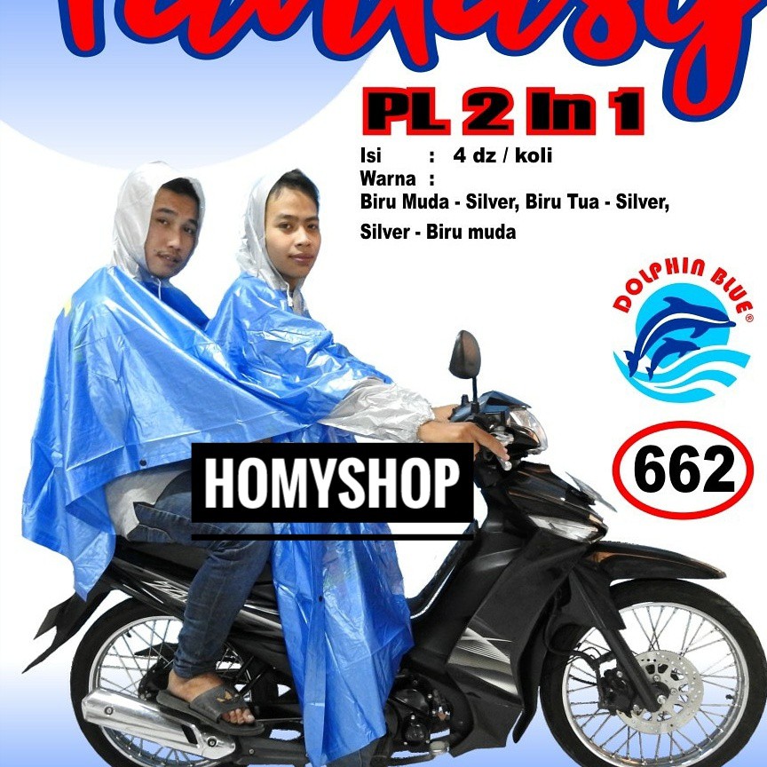 Jas Hujan Ponco Lengan Fantasy Dolphine Blue 2 Kepala 2 in 1 Jas Hujan Kelelawar Besar Jumbo
