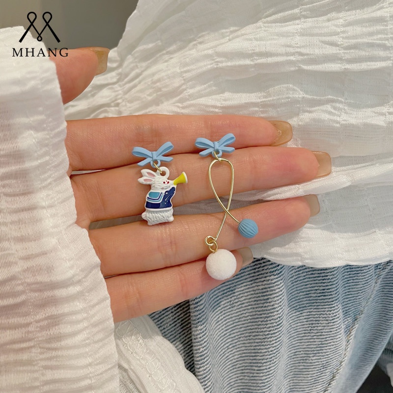 Anting Panjang Asimetris Desain Kelinci Warna Biru Untuk Wanita