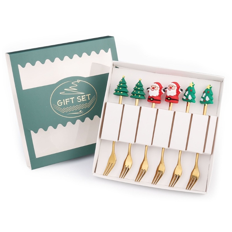 6pcs / set Sendok Garpu Bahan Stainless Steel Dengan Liontin Santa Claus Untuk Pohon Natal