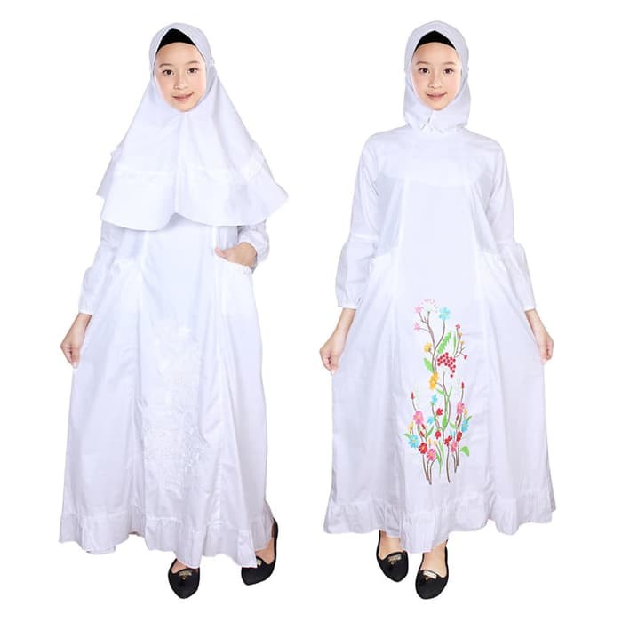 Baju Gamis Anak Putih size 7 - 11 Tahun - Bordir Warna