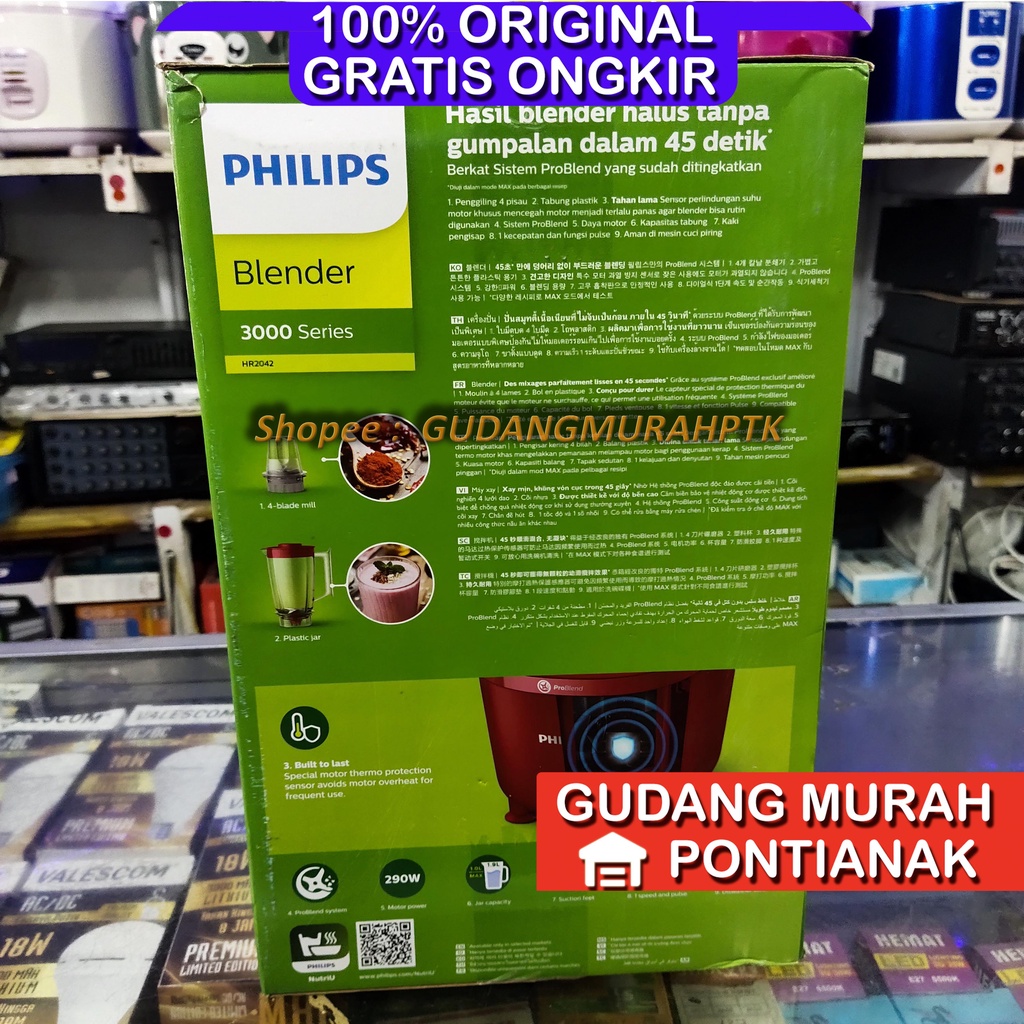 Blender Philips Original Pro Blends ASLI KUAT dan AWET HR2042 3000 Series Blender 290W Plastic / plastik WARNA MERAH