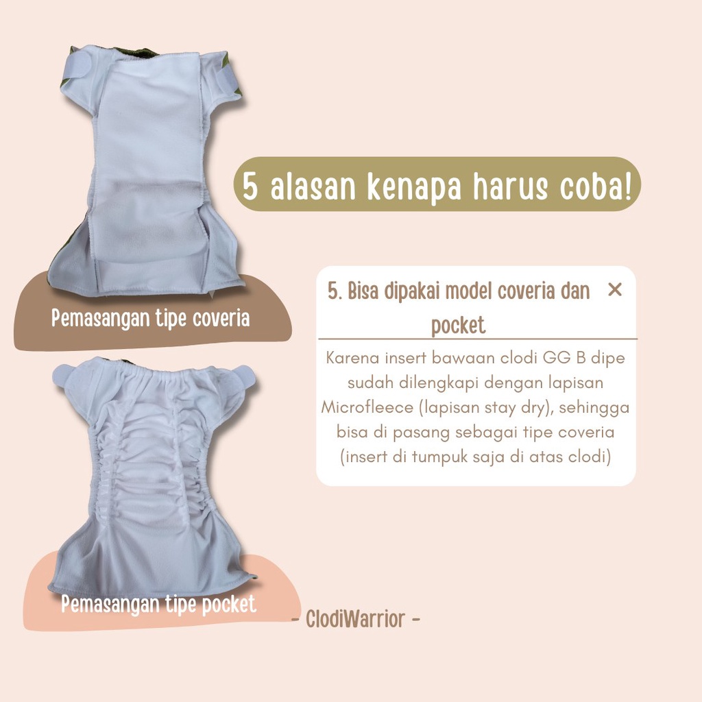 GG B DIPE Clodi Allsize type Pocket Inner Gusset Cegah Bocor Samping Popok kain Bayi Cuci Ulang BB 3-15 kg