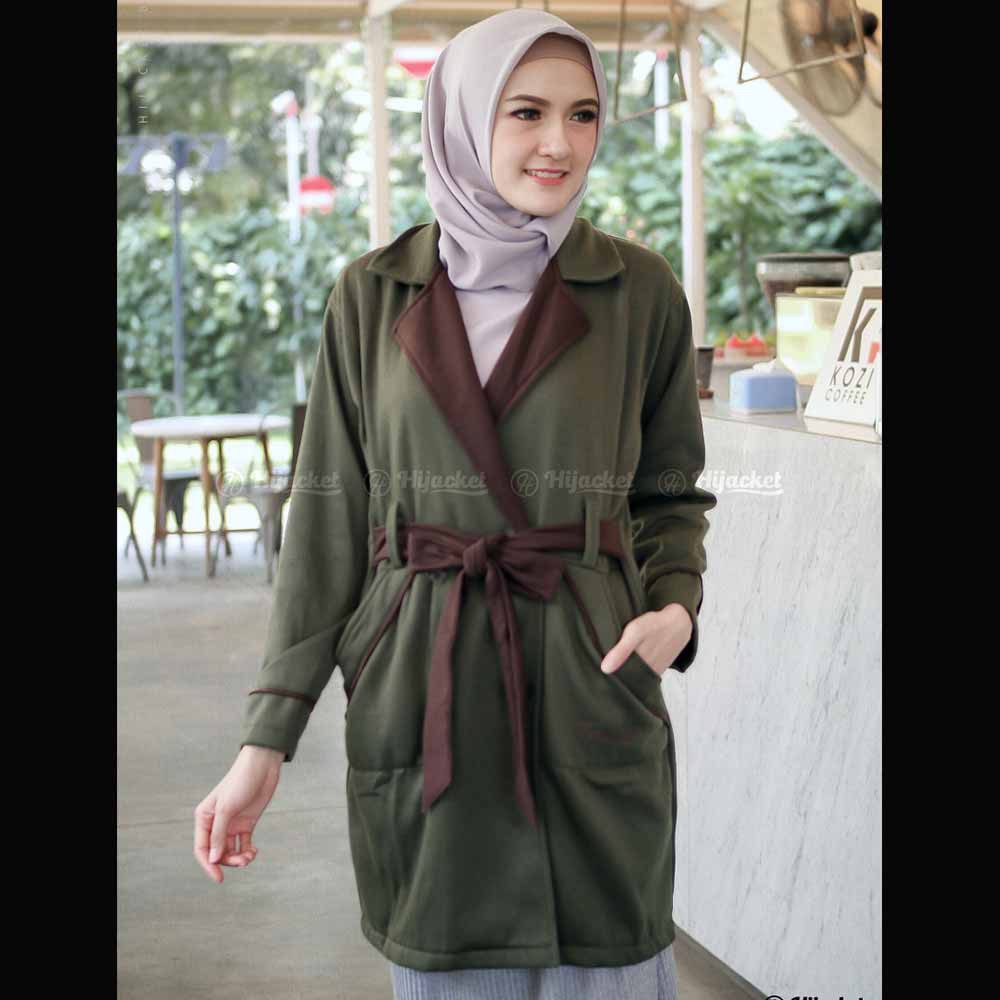 Jaket Jacket Panjang Wanita Cewek Muslimah Hijabers Fleece Kekinian Hijacket Jeket Fashion Modis ELN-Hijau