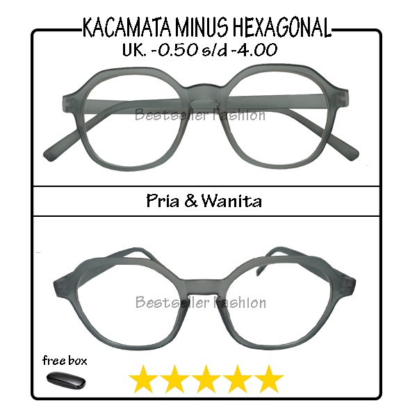 KACAMATA RABUN JAUH (-) BINGKAI MODEL HEXAGONAL ABU-ABU KACAMATA LENSA MINUS UK. -0.50 S/D -4.00 UNTUK PRIA DAN WANITA FREECASE