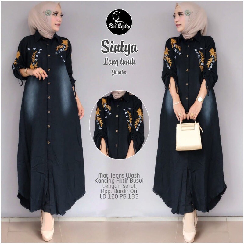 Sitya Long Tunik Hitam Jeans Bordir Asli Rawis Ld 120 Jumbo Fit XXXL Lengan Serut Busui By Ria